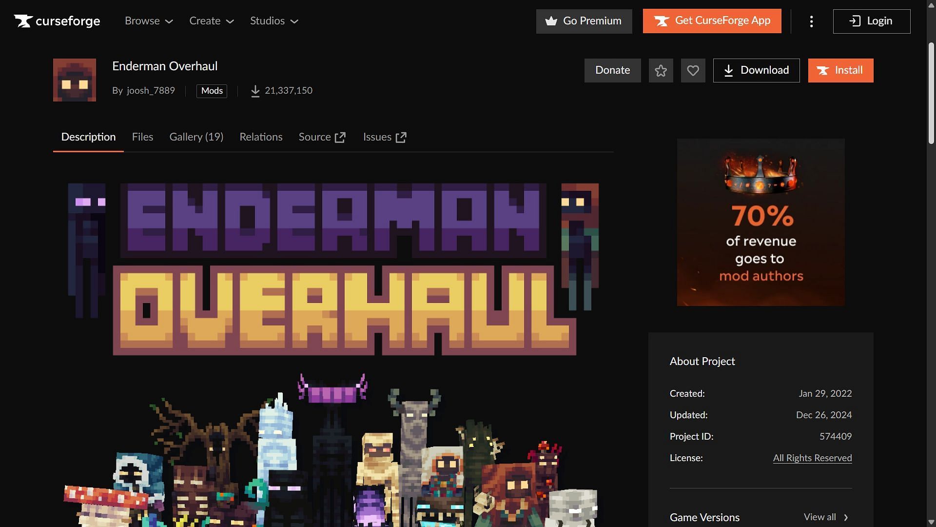 The Enderman Overhaul mod can be downloaded from the CurseForge website (Image via CurseForge/joosh_7889)